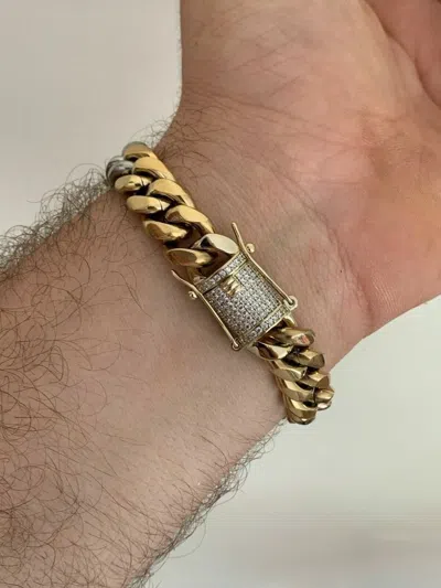 Pre-owned Online0369 Mens Solid Miami Cuban Link Bracelet Real Moissanite 3 Tone Gold Plated Silver In White