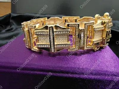 Pre-owned Online0369 Yellow Gold Plated Mens Very Big Thick Bracelet In 12ct Rd Cubic Zirconia Silver In White
