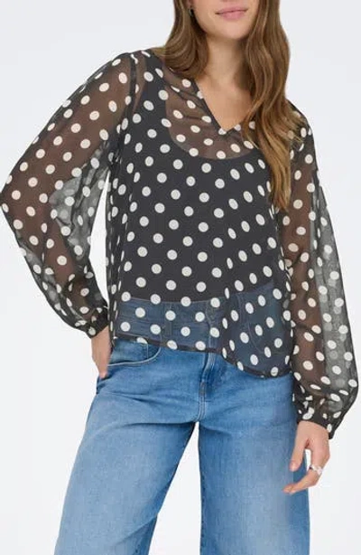 Only Fedja Polka Dot Long Sleeve Woven Top In Black