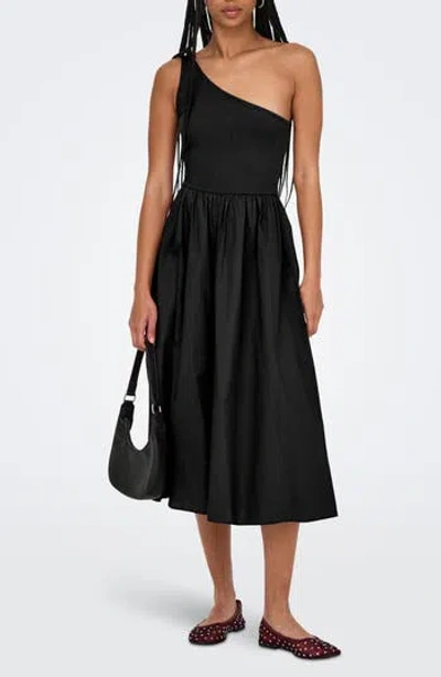 Only Iris Life One-shoulder Midi Dress In Black