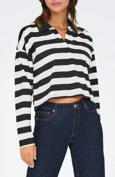 Only May Life Stripe Boxy Polo Top In Black