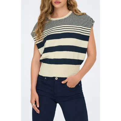 Only Mia Stripe Cap Sleeve Knit Top In Blue