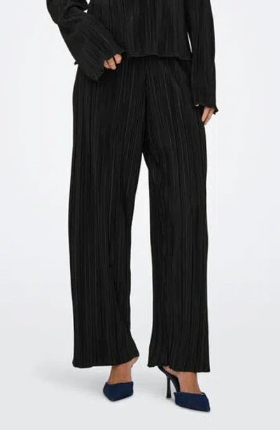 Only Pery High Waist Plissé Flare Leg Pants In Black