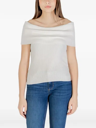 Only Ribbed-knit Boat-neck Top In White