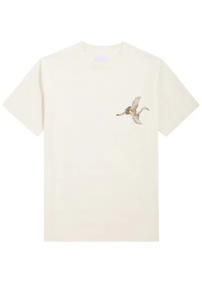 Only The Blind Summer Crane Embroidered Cotton T-shirt In Beige