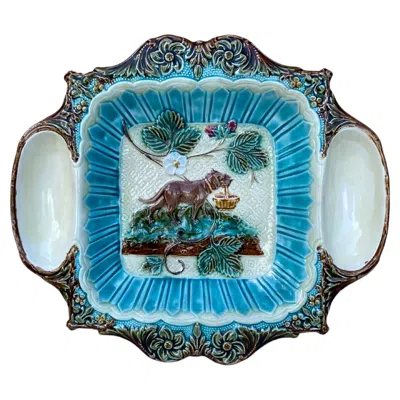 Pre-owned Onnaing 19th Century Majolica Strawberries Platter With Dog Holding A Basket In Blue