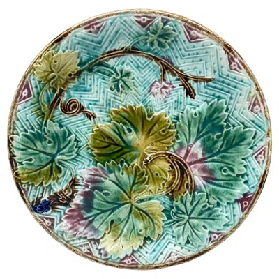 Pre-owned Onnaing French Majolica Grape Leaves Plate , Circa 1900 In Purple