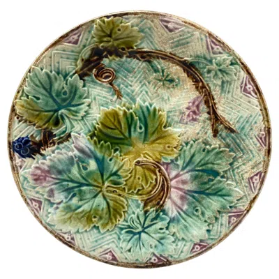 Pre-owned Onnaing French Majolica Grape Leaves Plate , Circa 1900 In Purple