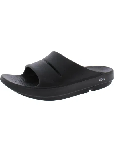 Oofos Mens Open Toe Flat Slide Sandals In Black