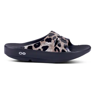 Oofos Women's Ooahh Luxe Slide Sandals In Black Cheetah In Multi