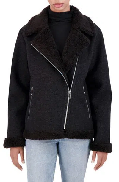 Ookie & Lala Asymmetric Faux Shearling Trim Faux Wool Moto Jacket In Black