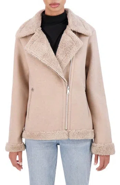 Ookie & Lala Asymmetric Faux Shearling Trim Faux Wool Moto Jacket In Camel