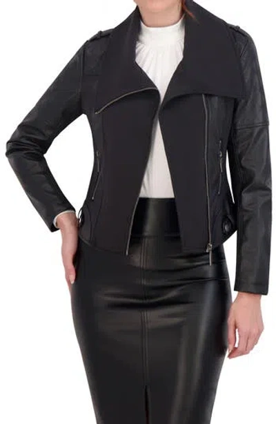 Ookie & Lala Faux Leather Mixed Media Moto Jacket In Black