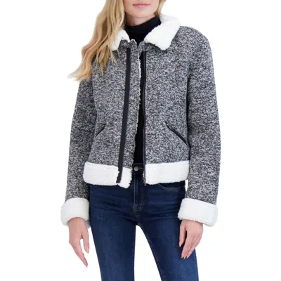 Ookie & Lala Faux Shearling Sweater Moto Jacket In Black