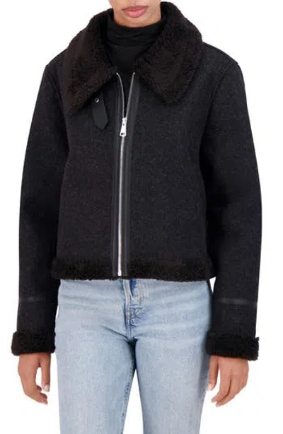 Ookie & Lala Faux Shearling Trim Faux Wool Moto Jacket In Black