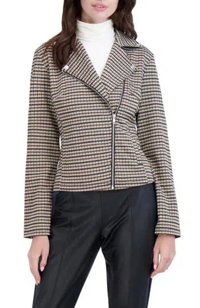 Ookie & Lala Houndstooth Asymmetric Zip Moto Jacket In Black/brown/camel