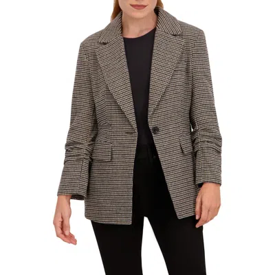 Ookie & Lala Houndstooth Ruched Sleeve Blazer In Brown