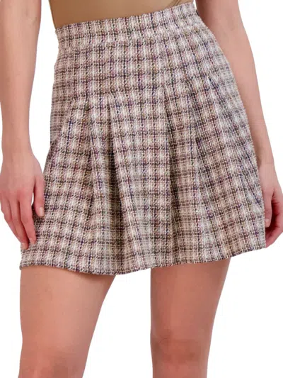 Ookie & Lala Inverted Pleat Tweed Flared Mini Skirt In Brown