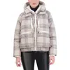 Ookie & Lala Plaid Faux Fur Lined Utility Crop Puffer Hooded Jacket In Camel Plaid