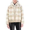 Ookie & Lala Plaid Faux Fur Lined Utility Crop Puffer Hooded Jacket In Cream Plaid
