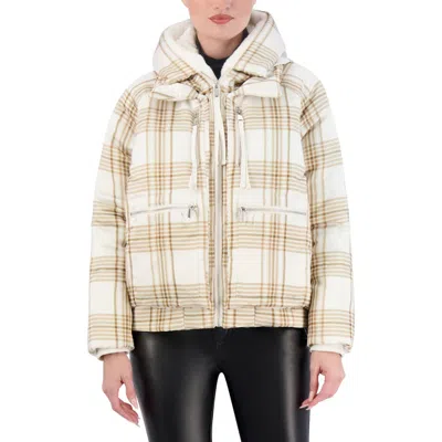Ookie & Lala Plaid Faux Fur Lined Utility Crop Puffer Hooded Jacket In Cream Plaid