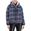 Ookie & Lala Plaid Faux Fur Lined Utility Crop Puffer Hooded Jacket In Navy Plaid