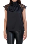 Ookie & Lala Tie Back Mock Neck Lace Sleeve Satin Blouse In Black