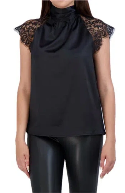 Ookie & Lala Tie Back Mock Neck Lace Sleeve Satin Blouse In Black