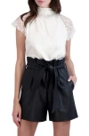 Ookie & Lala Tie Back Mock Neck Lace Sleeve Satin Blouse In Champagne