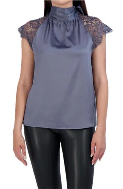 Ookie & Lala Tie Back Mock Neck Lace Sleeve Satin Blouse In Charcoal