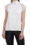 Ookie & Lala Tie Back Mock Neck Lace Sleeve Satin Blouse In White
