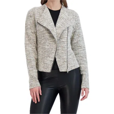 Ookie & Lala Tweed Moto Jacket In Cream/beige/black