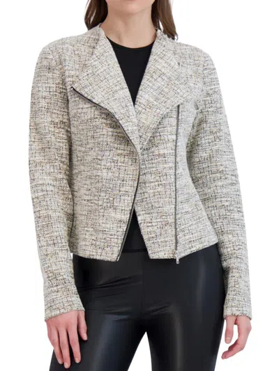 Ookie & Lala Women's Collarless Asymmetric Tweed Jacket In Beige Black
