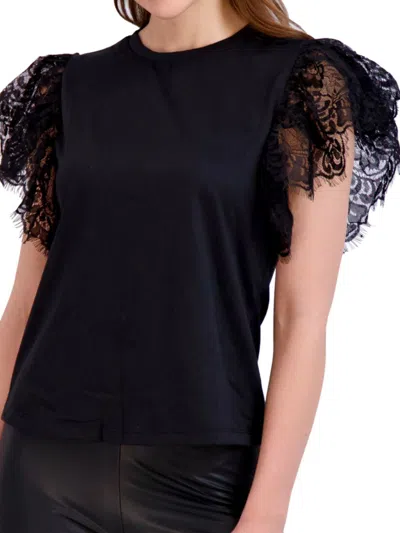 Ookie & Lala Women's Lace Sleeve Crewneck Top In Black