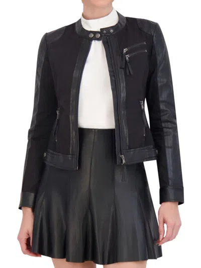 Ookie & Lala Women's Mixed Media Faux Leather Trim Moto Jacket In Black