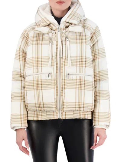 Ookie & Lala Women's Plaid Bomber Jacket In Cream Plaid