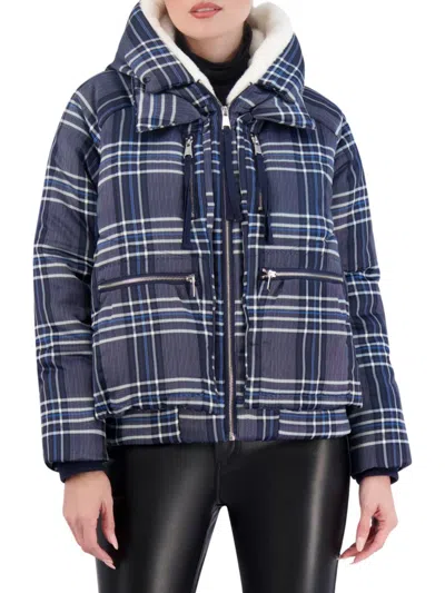 Ookie & Lala Women's Plaid Bomber Jacket In Navy Plaid