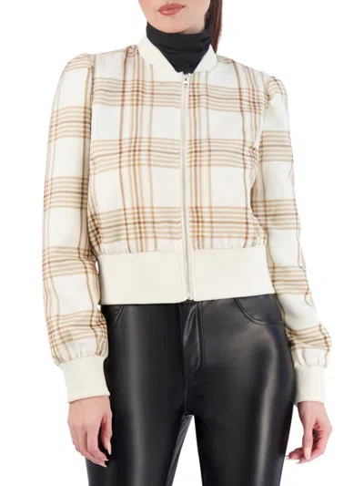 Ookie & Lala Women's Satin Bomber Jacket In Cream Plaid