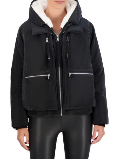 Ookie & Lala Women's Utility Faux Fur Cropped Puffer Jacket In Black