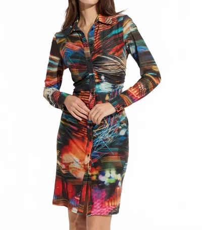 Oolala 3d Front Ruched Mesh Shirt Dress In Multi