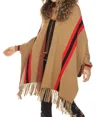 Oolala Camel Sport Stripe Fox Collar Cape In Brown