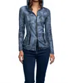 Oolala Denim Down Printed Rushed Mesh Blouse In Blue In Blue