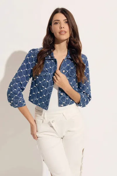 Oolala Diagonal Denim With Pearl Combo Trim Short Jacket In Dark Blue