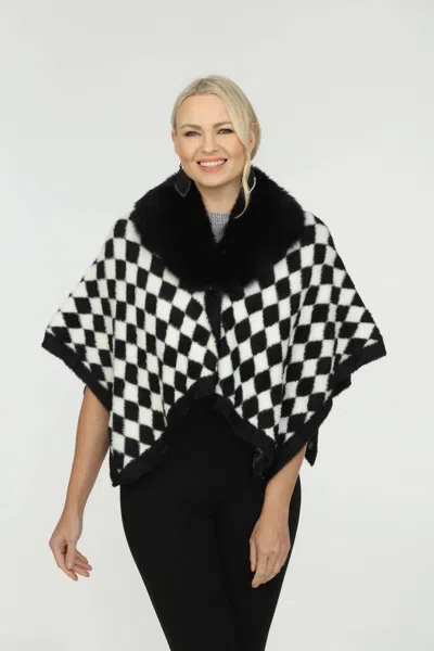 Oolala Fur Collar Cape In Black/white Check