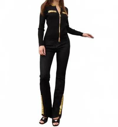 Oolala Gold Detail Zip Sweater In Black