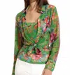 Oolala Jungle Print Chiffon Button Down Blouse With Mesh Top In Green In Green