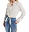 Oolala Long Sleeves Tie Front Shirt In White In Grey