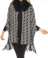 Oolala Meander Pattern Real Fur Collar Fringe Cape In Black/white In Black