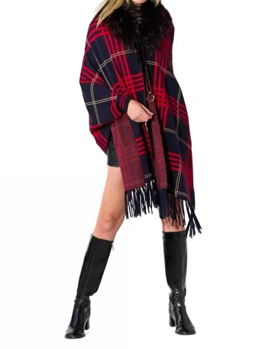 Oolala Plaid Cape With Fur Collar In Navy & Red In Black
