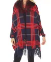 Oolala Plaid Pattern Real Fur Collar Fringe Cape In Navy In Blue